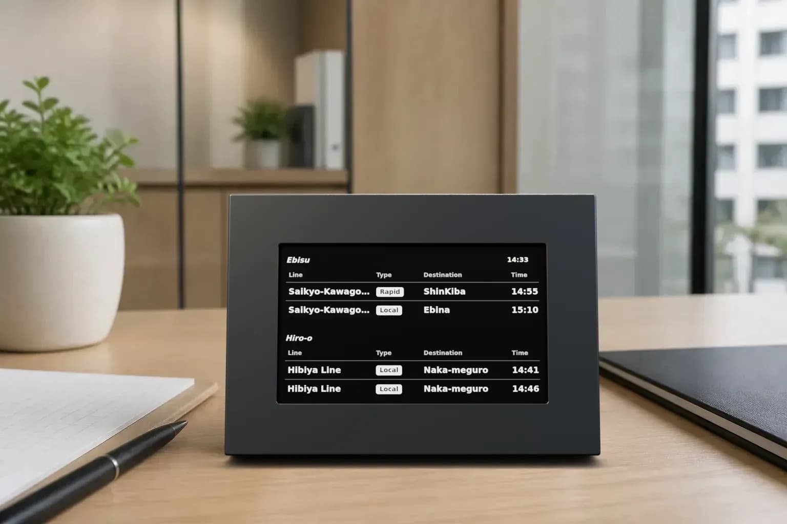 EkiBoard on a desk by day, showing the next departures
