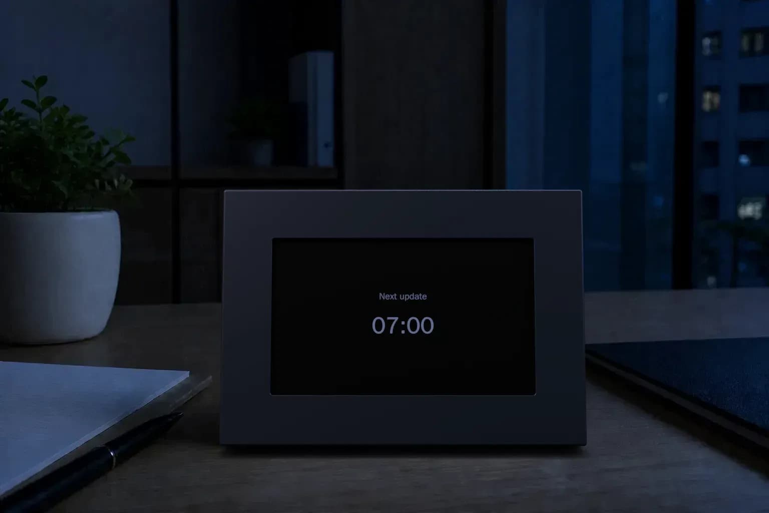 EkiBoard on a desk at night, showing when it next updates
